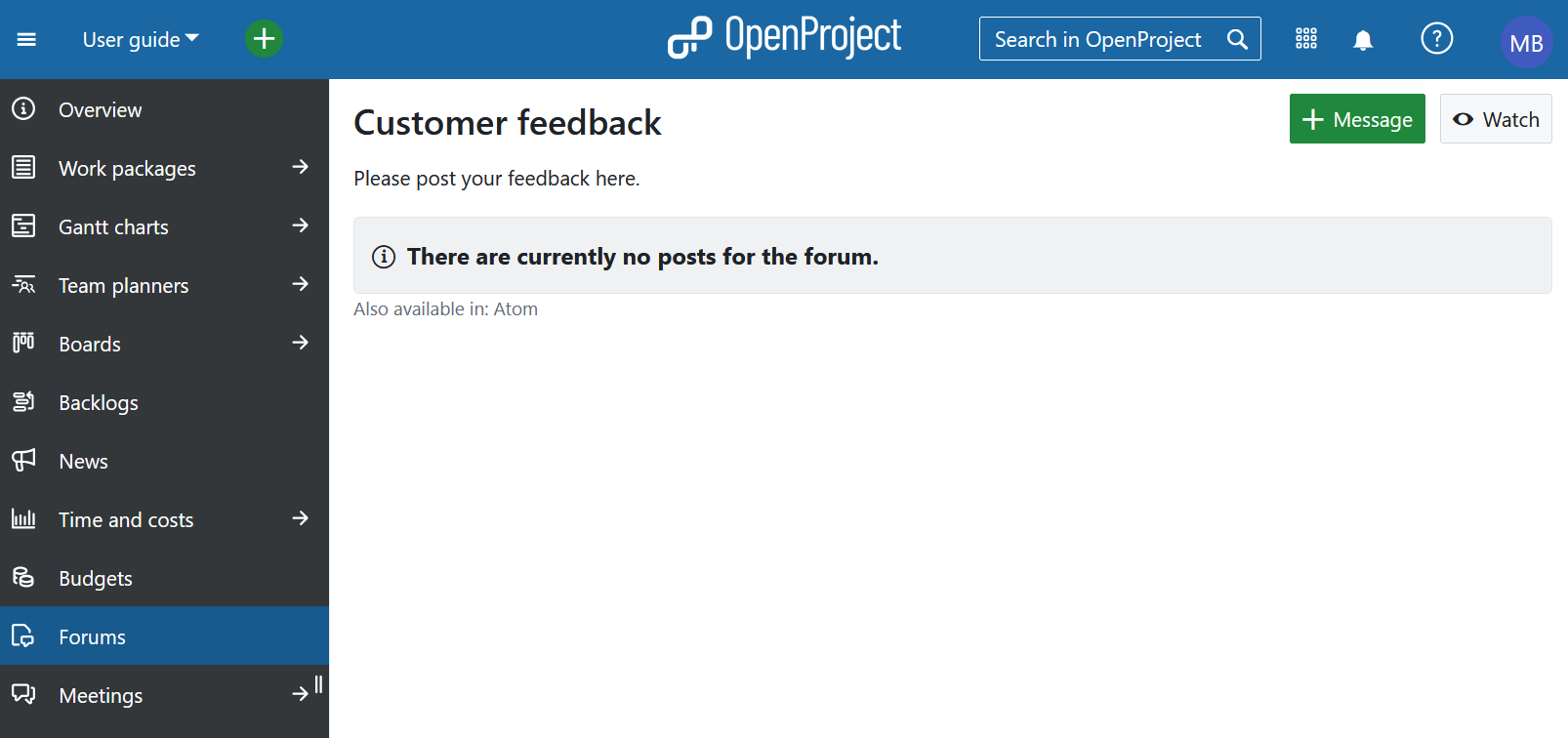 Add a forum message in OpenProject 