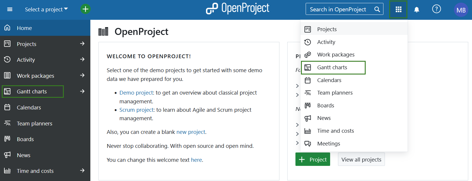 Select Gantt charts from the global modules menu in OpenProject