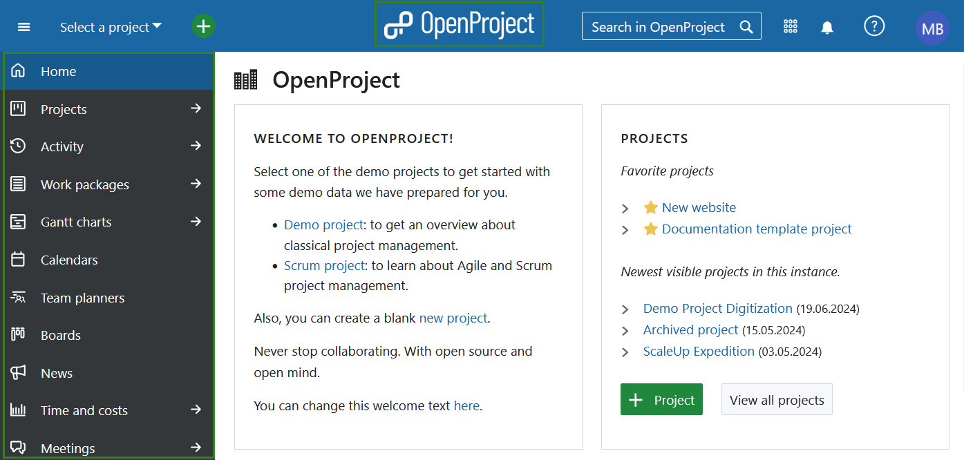 Navigating to global modules menu in OpenProject