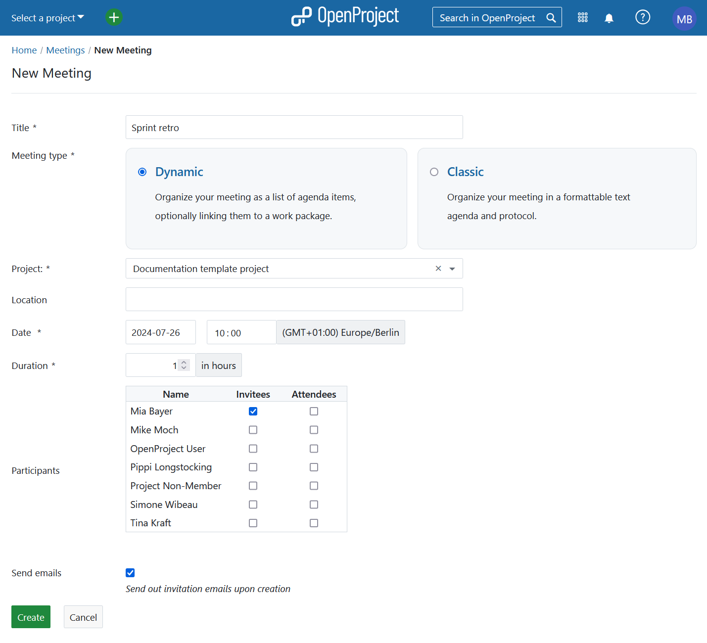 Creating a new meeting from the Meetings global module