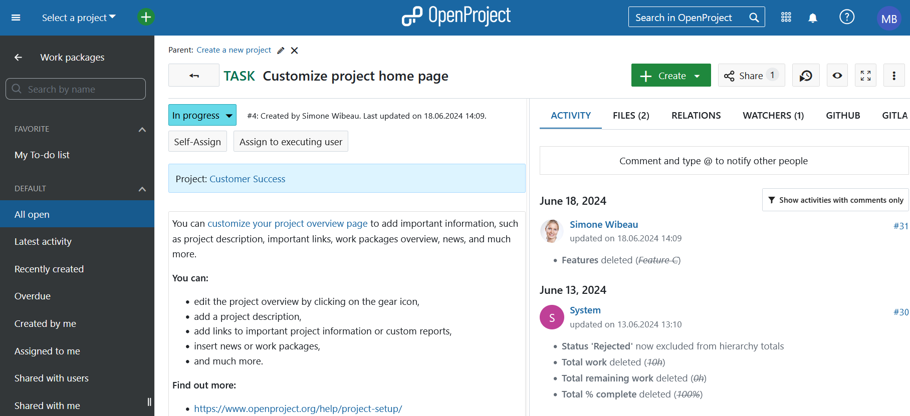 The project containing the current work package is highlighted when opening it from outside the project