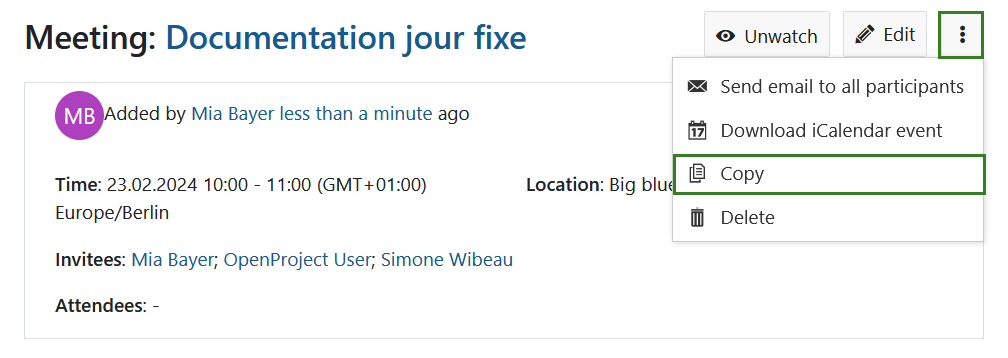 Button to copy a classic meeting in OpenProject