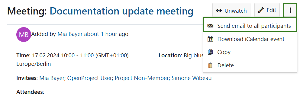 Send email to a classic meeting participants in OpenProject