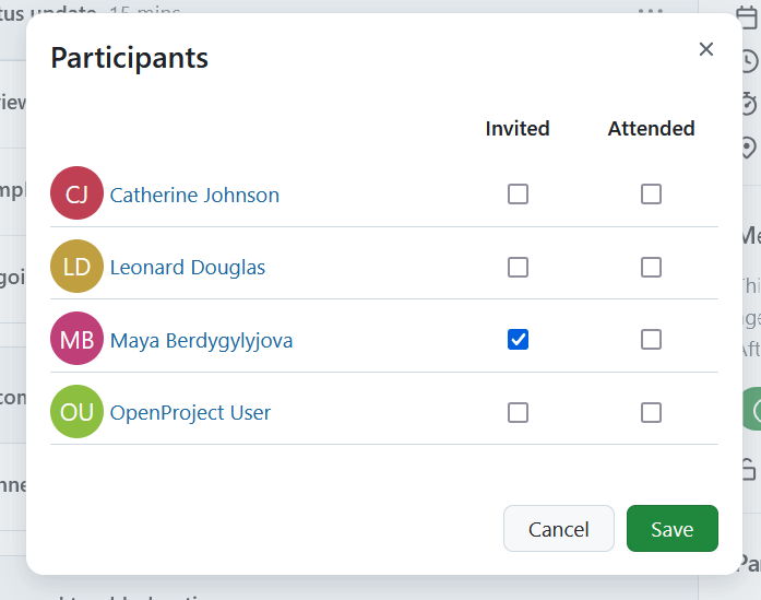 A form showing invited and attending meeting participants in OpenProject