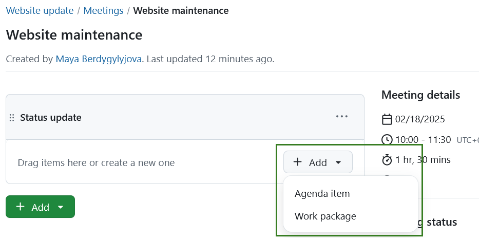 Add an agenda item to a meeting section