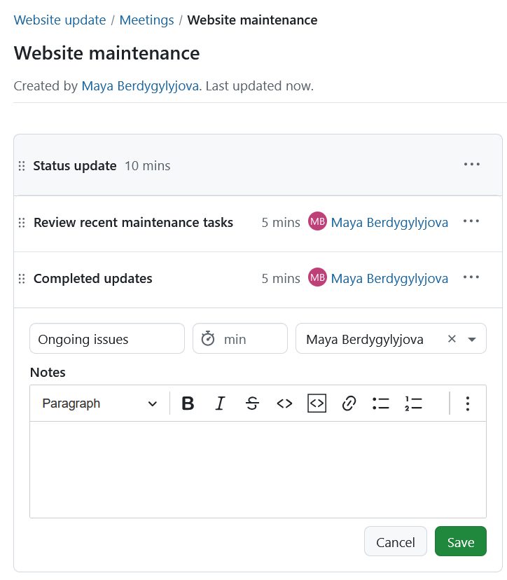 Form for adding agenda items to meetings sections in OpenProject