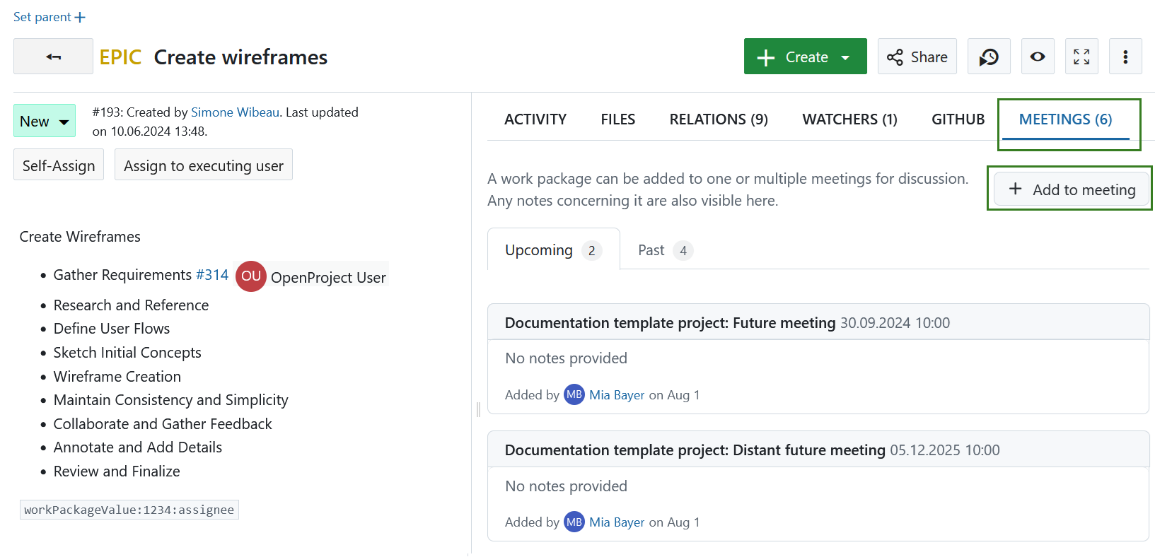 Button to add a work package to a meeting under Meetings tab in a work package in OpenProject