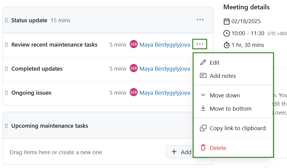 Menu showing options to edit agenda items in OpenProject meetings