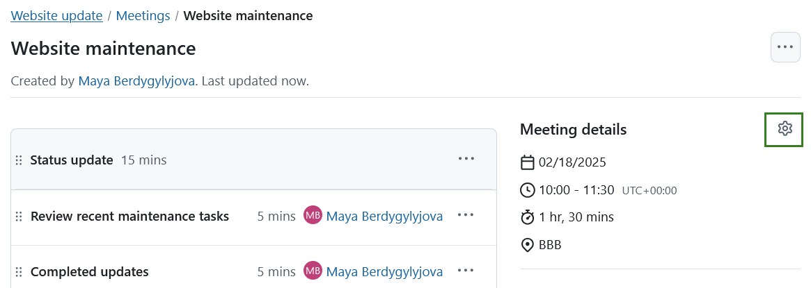 A cogwheel icon to edit a meeting in OpenProject
