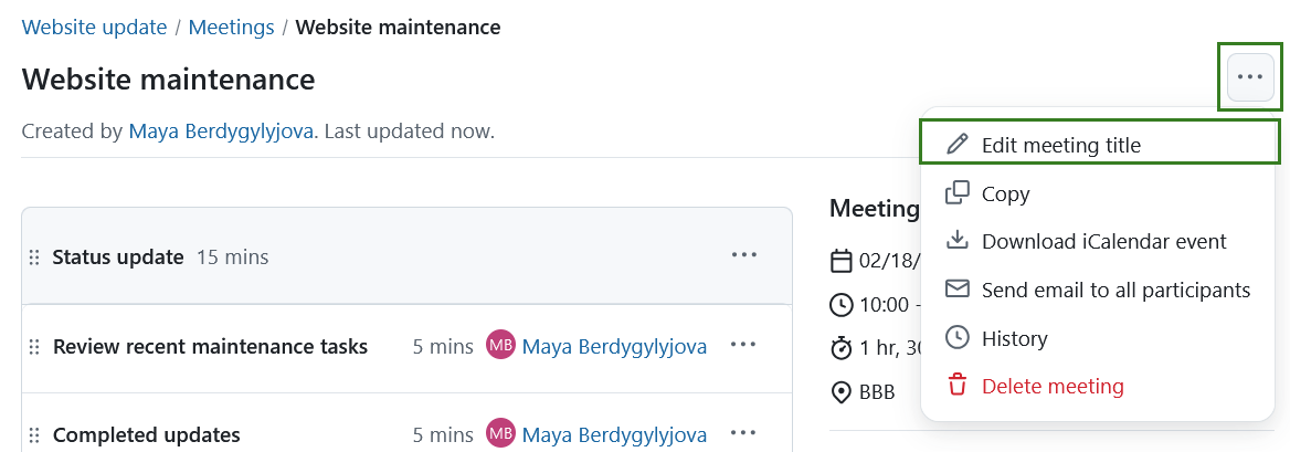 Edit a meeting title in OpenProject