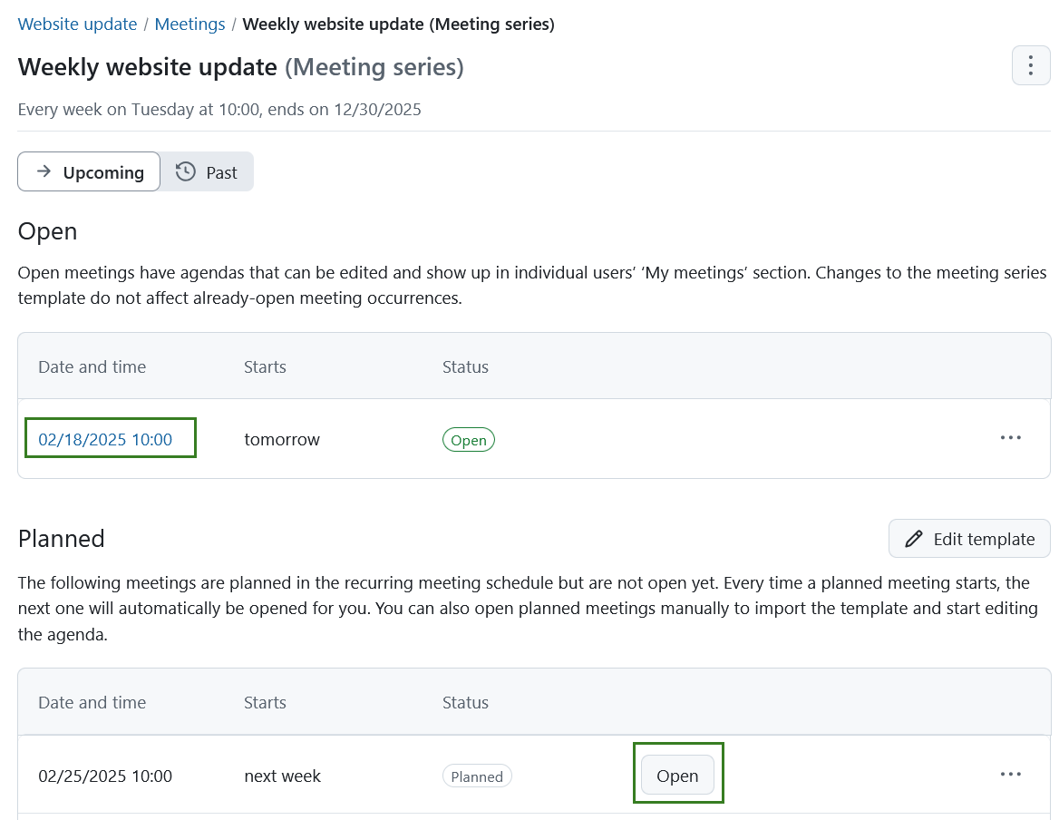 Select a meeting occurrence on a recurring meetings series index page