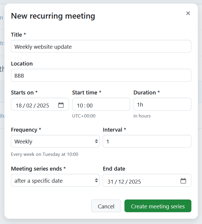 Form to create recurring meetings in OpenProject