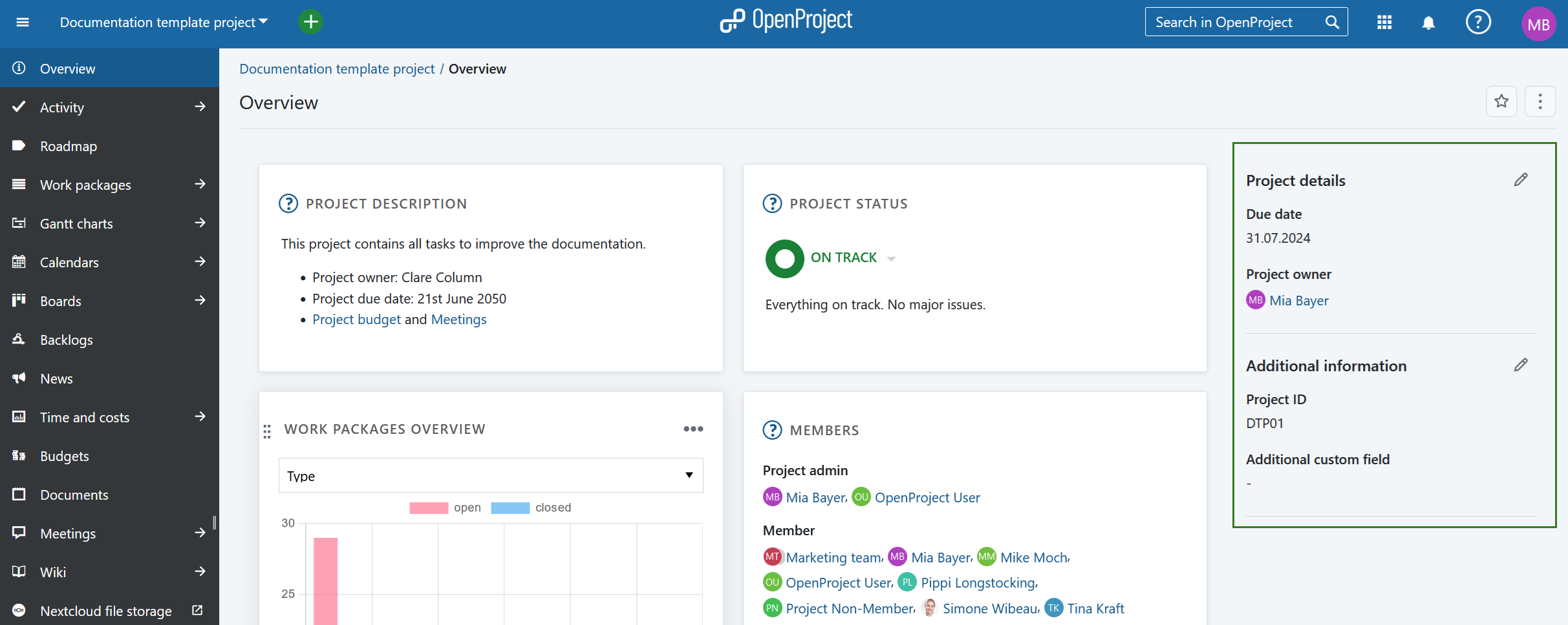 Project overview page showing project attributes on the right side