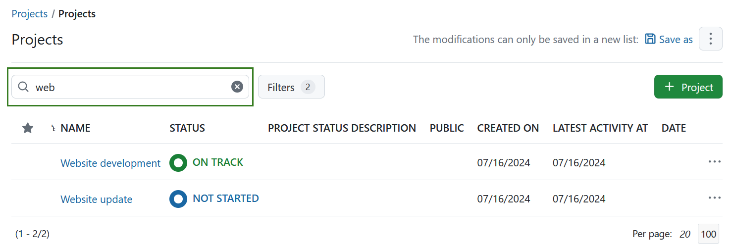 Filter project lists by project name in OpenProject