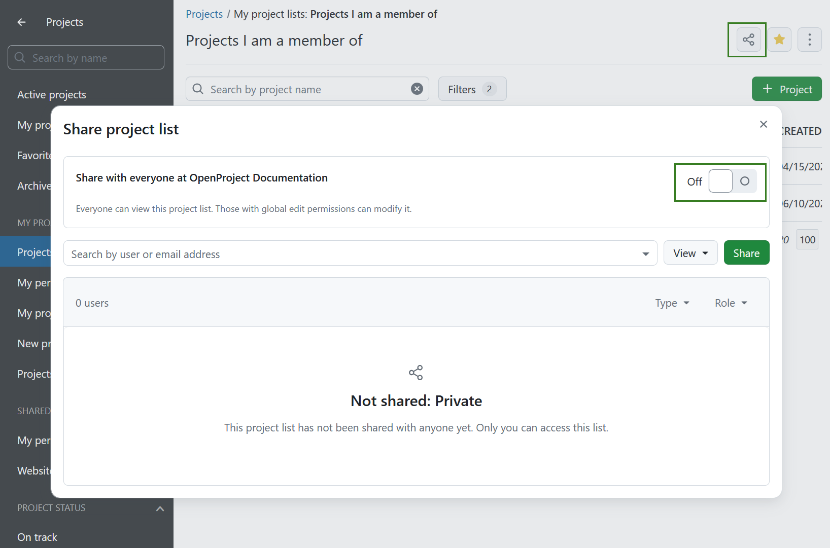 Share a project list with everyone in OpenProject
