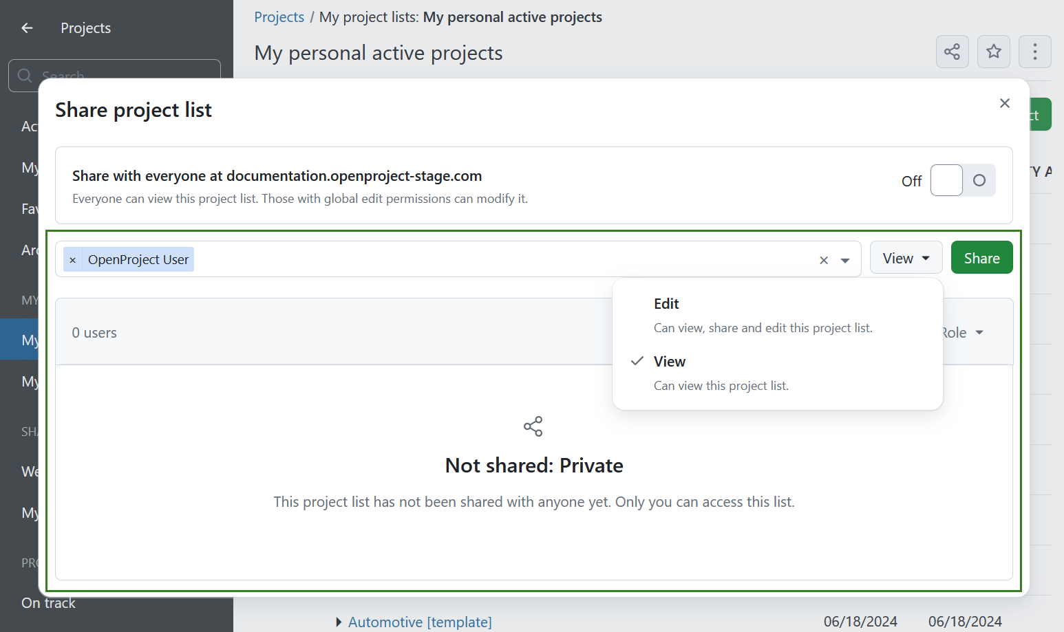 Share project lists with users or groups in OpenProject