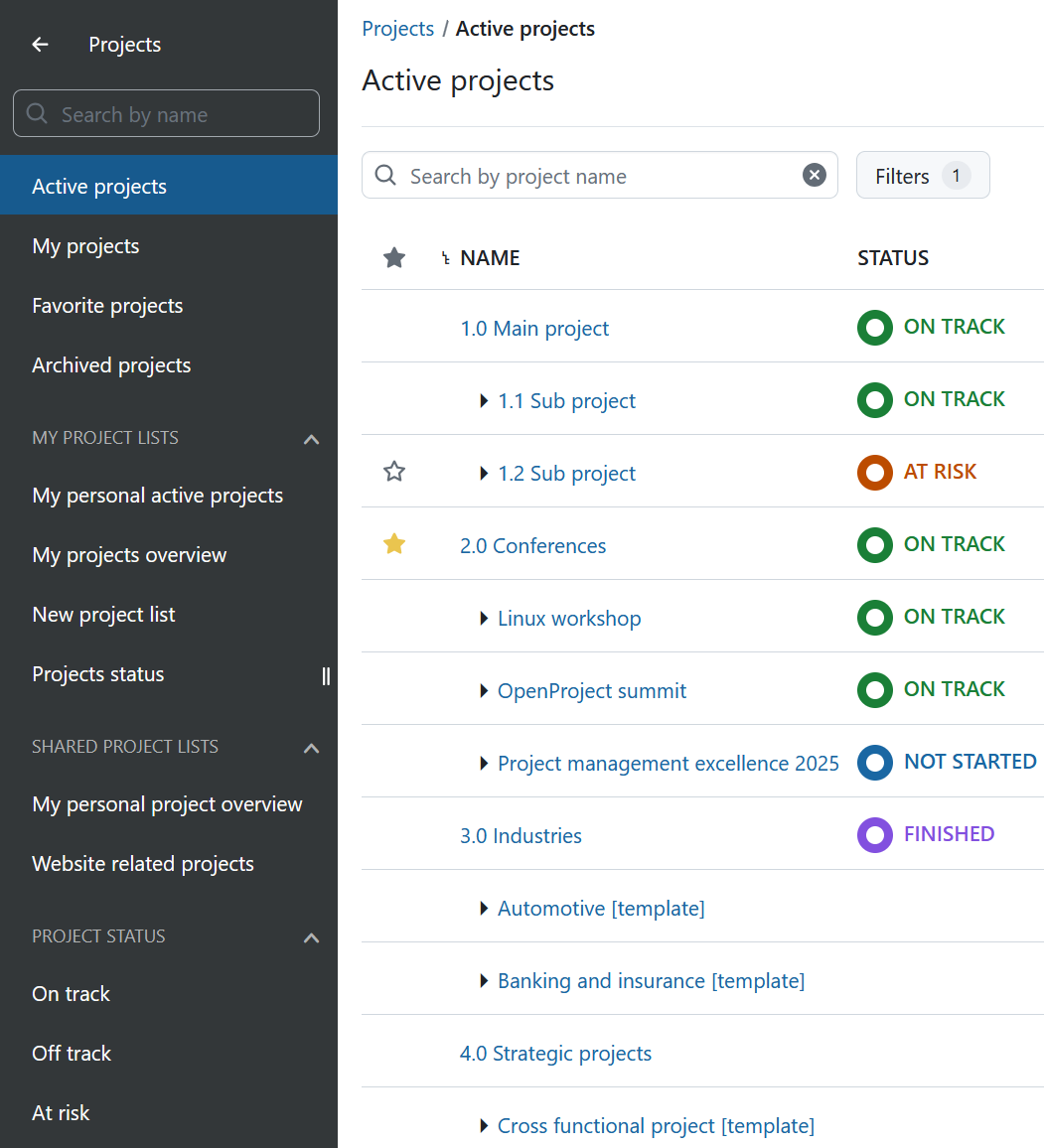 Filters for project lists in OpenProject