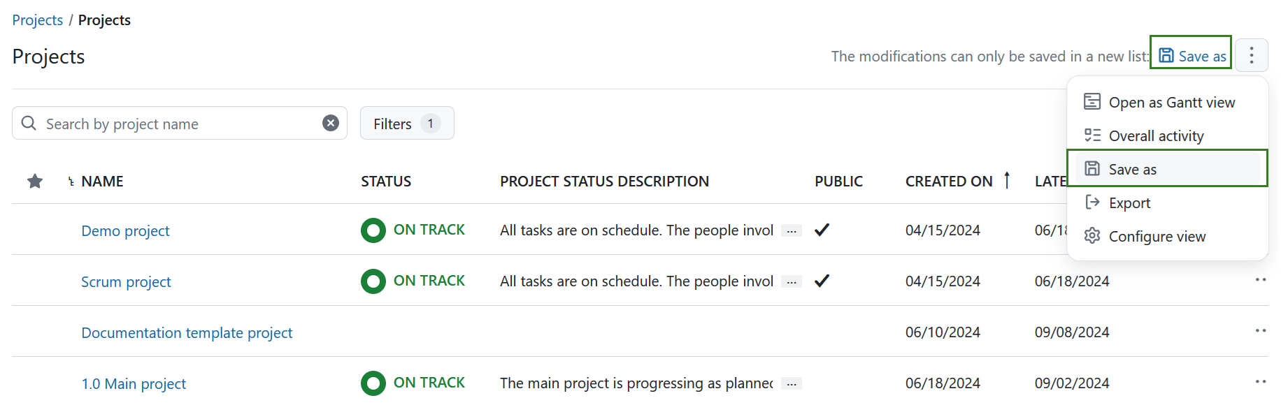 Save a project list view in OpenProject