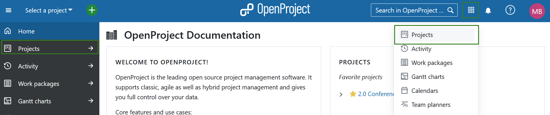 Select all projects from the global modules menu in OpenProject