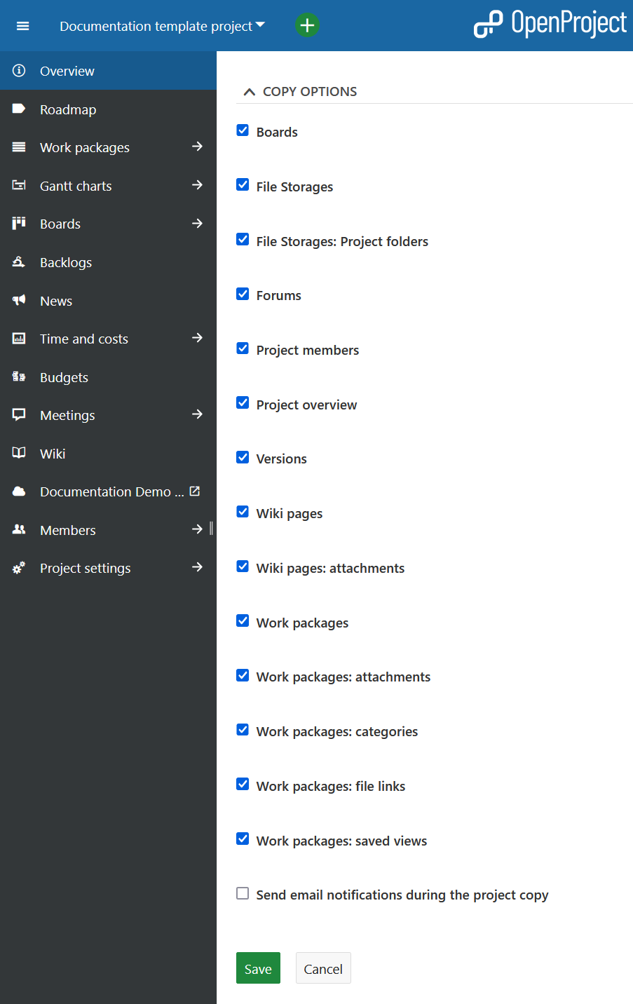 Copy options when copying a project in OpenProject