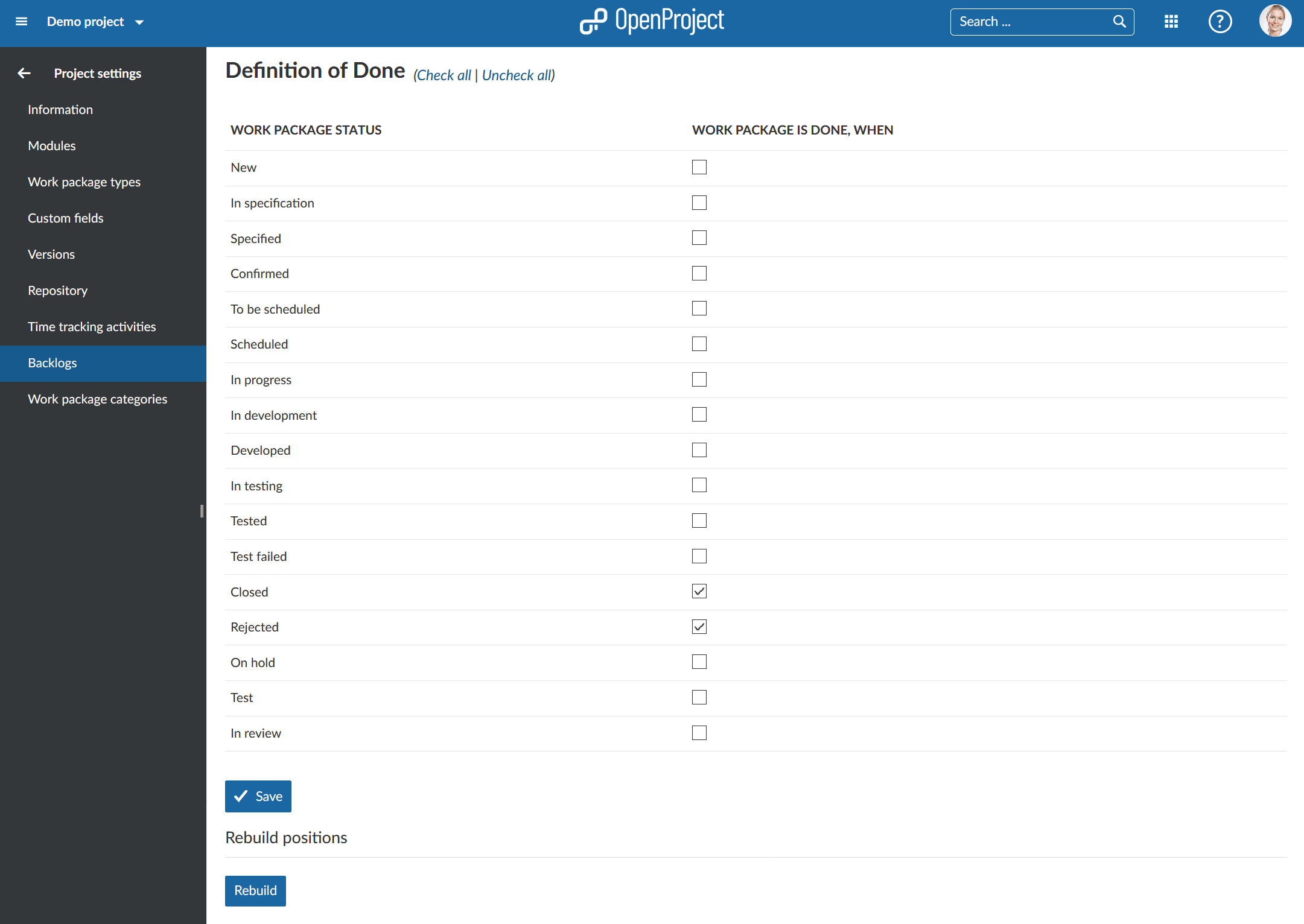 gestionar configuración de backlogs