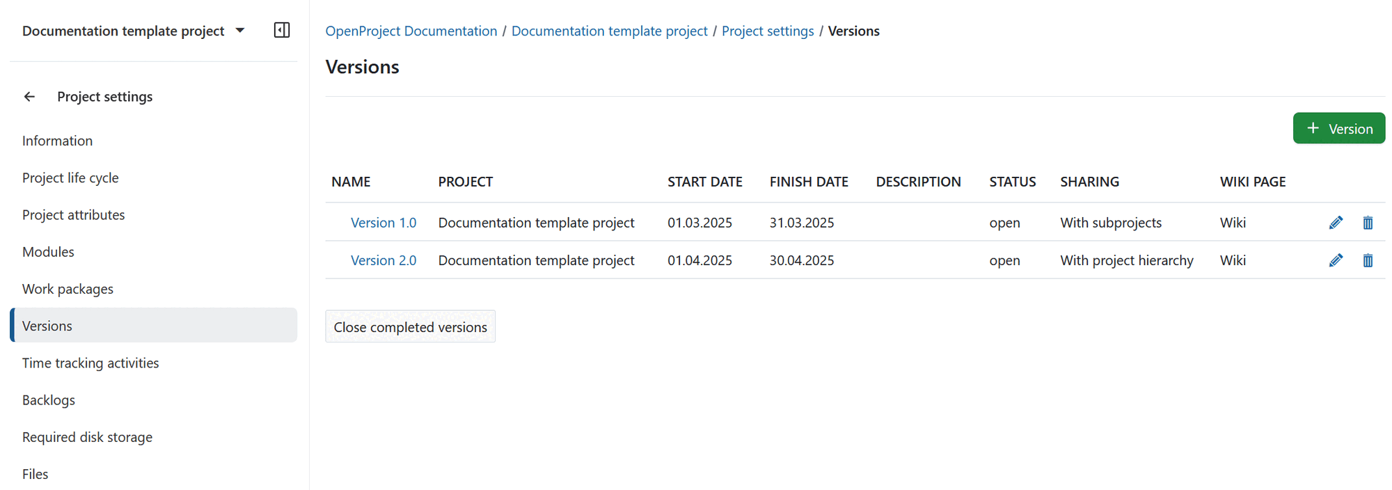Versões nas definições do projeto no OpenProject
