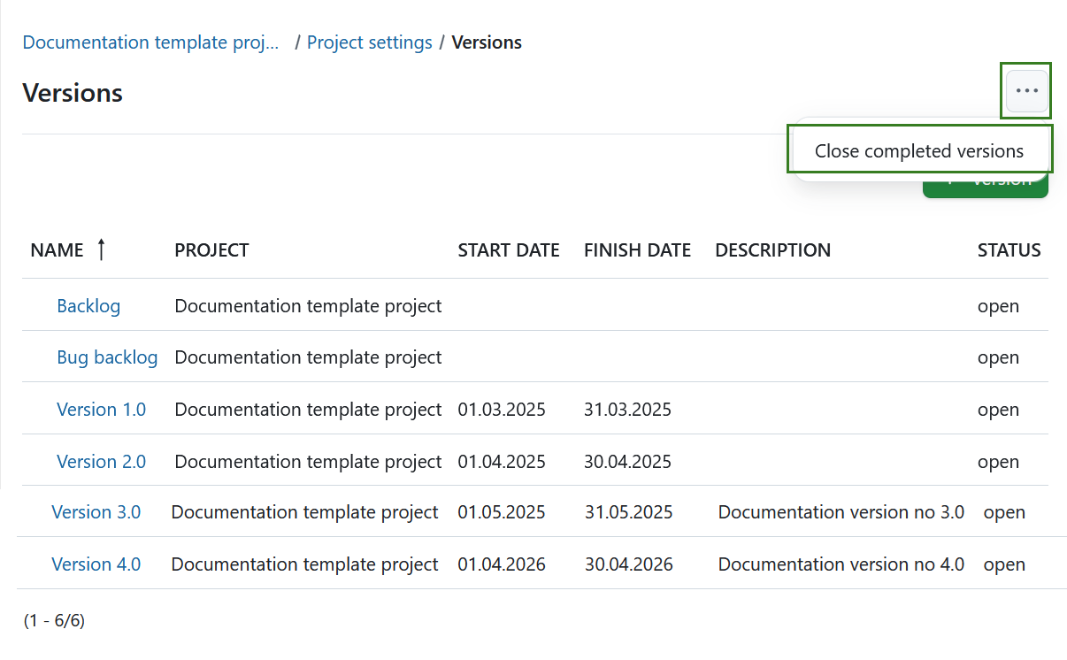 Close completed versions in OpenProject project settings