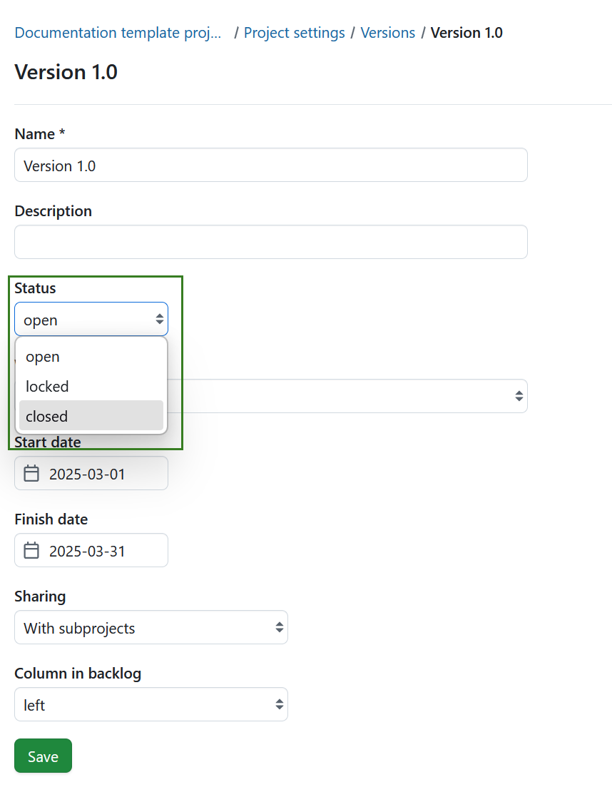 Close a version under project settings in OpenProject