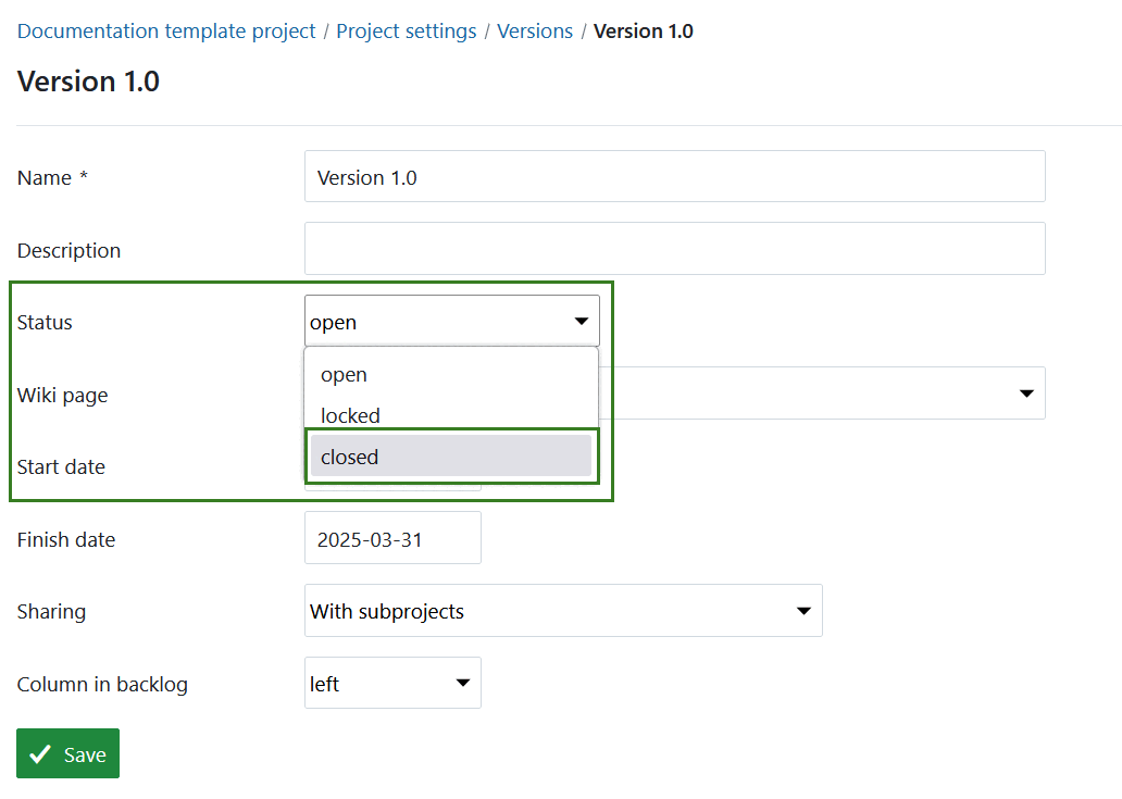 Fechar uma versão nas definições do projeto no OpenProject