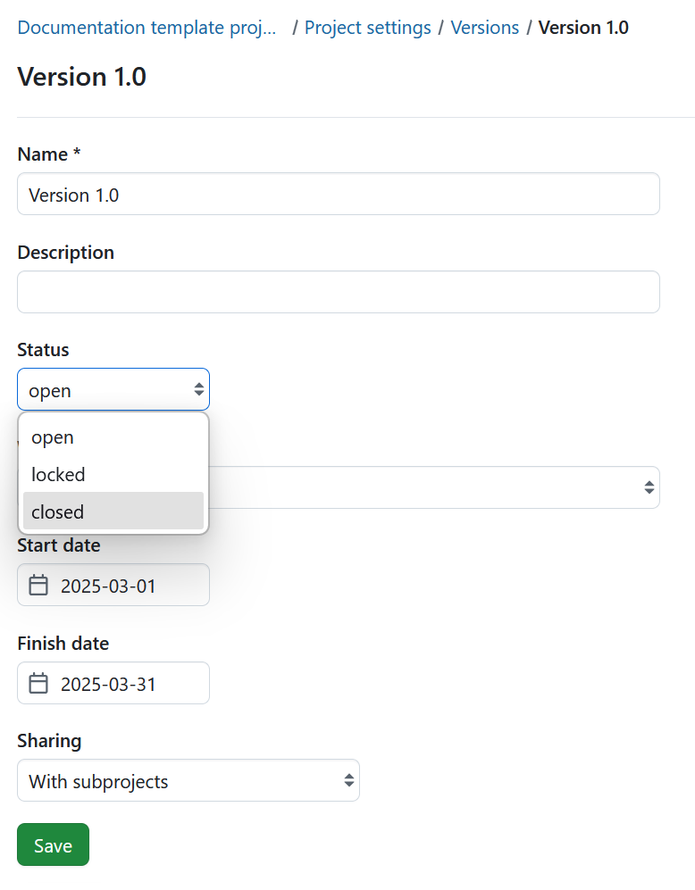 Cierre una versión en la configuración del proyecto en OpenProject