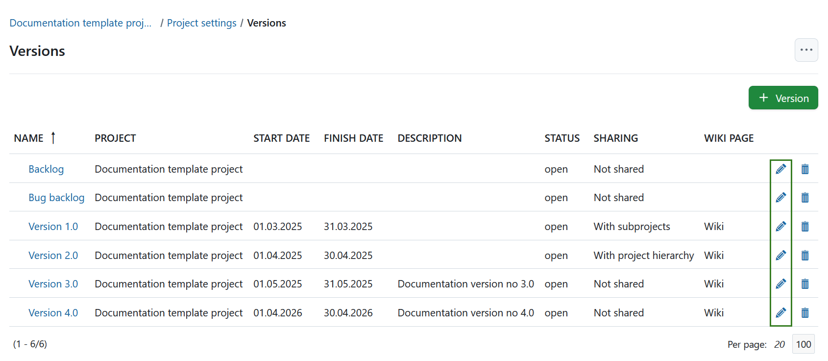 Edit or close version under project settings in OpenProject