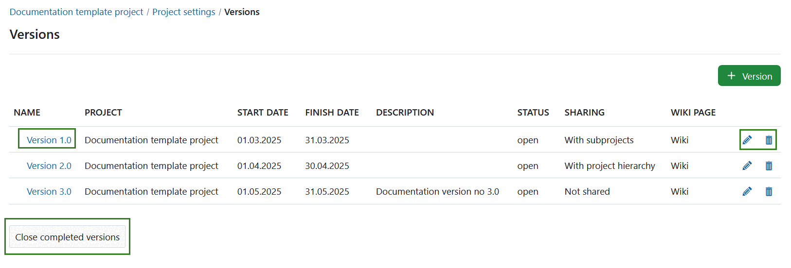 Editar ou fechar a versão nas definições do projeto no OpenProject
