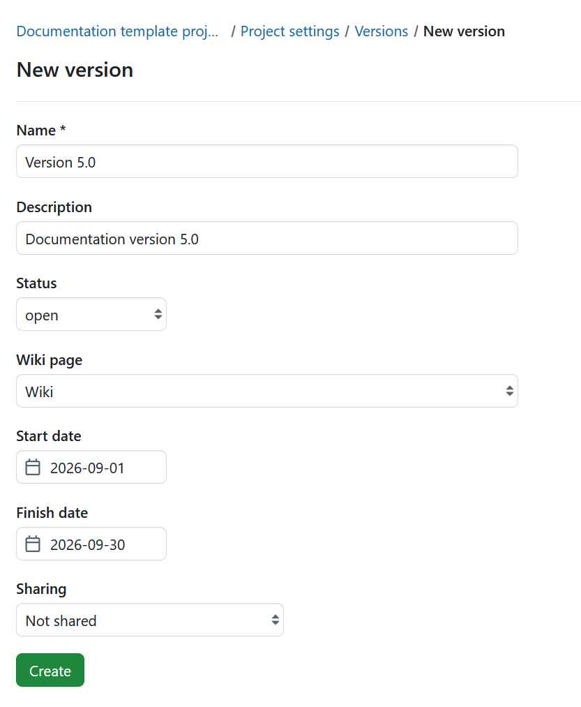 Crear nueva versión en la configuración del proyecto en OpenProject
