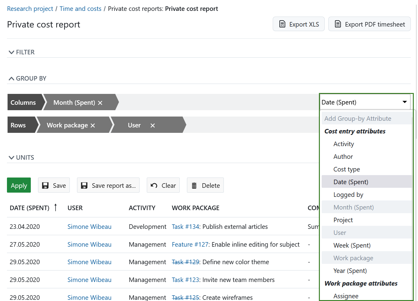 Group time and costs report by attributes in OpenProject