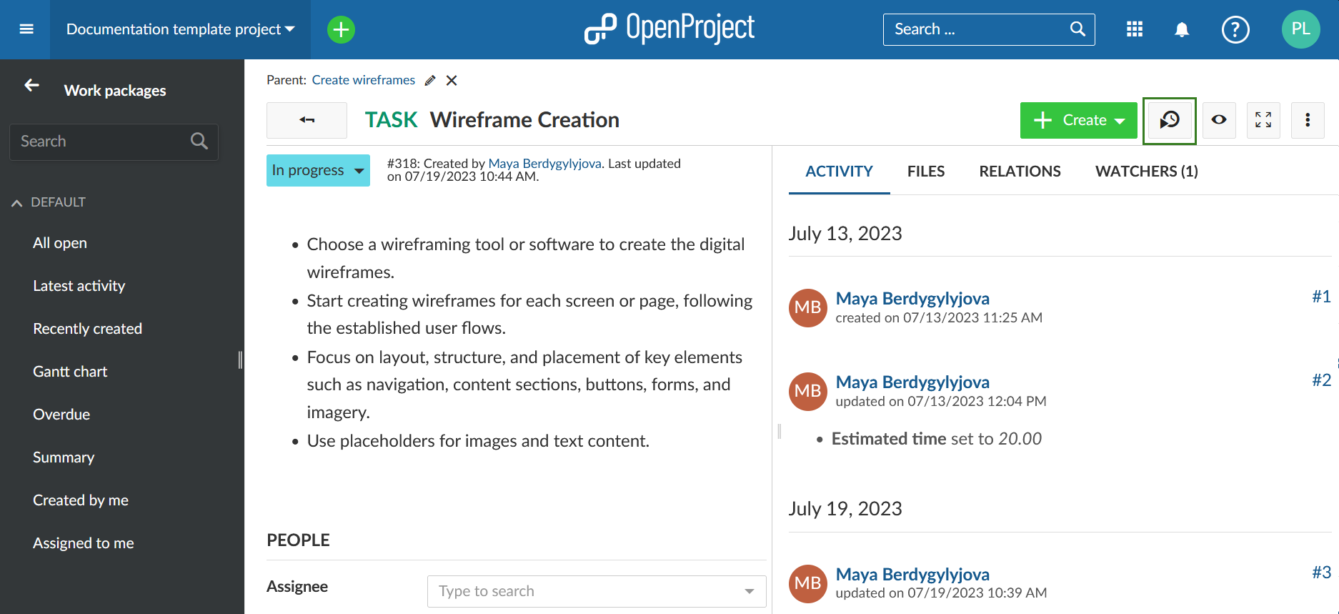 Botón de seguimiento de tiempo de inicio de OpenProject