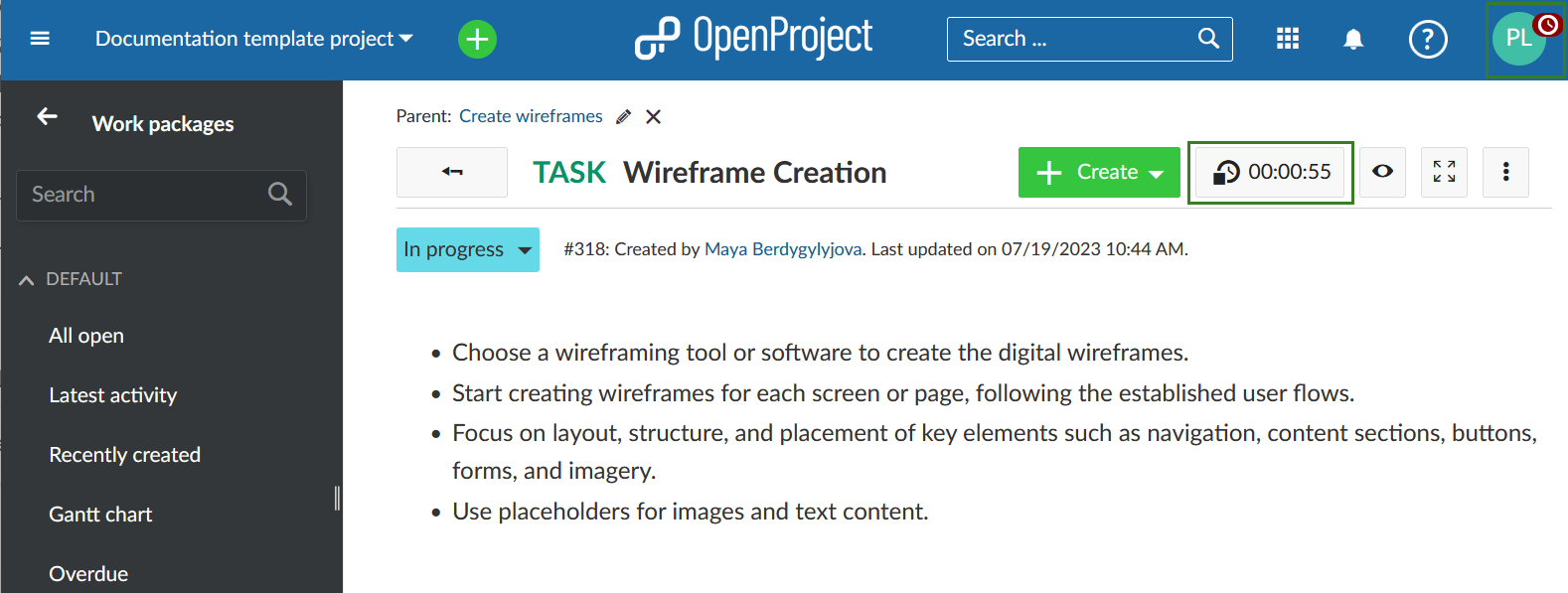 Botón de seguimiento de tiempo de OpenProject en acción