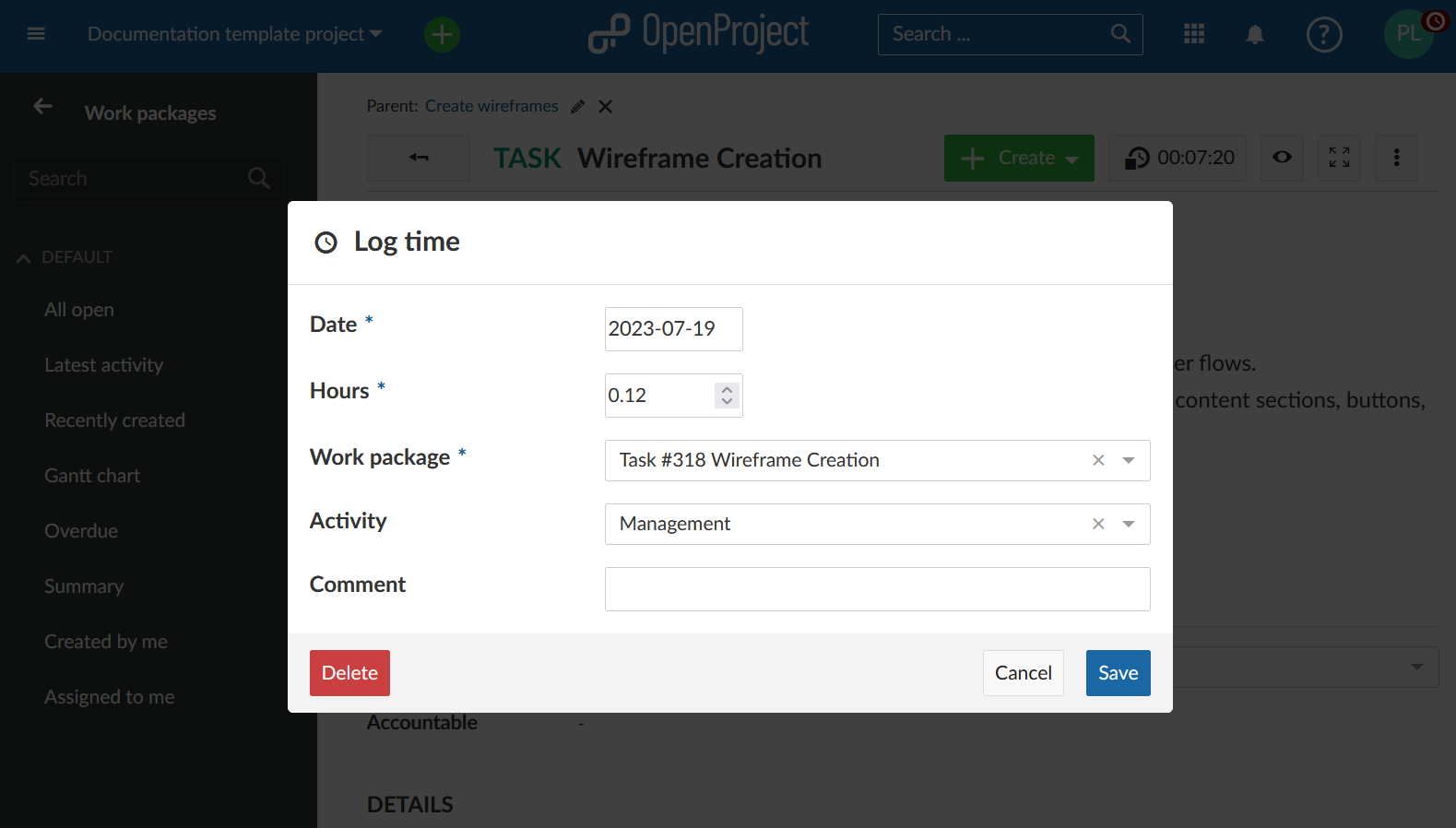 Botón de seguimiento de tiempo parar de OpenProject