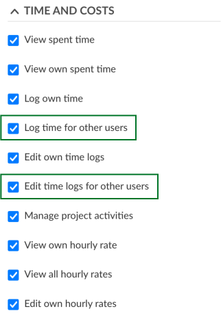 Permisos para registrar y editar el tiempo de otros