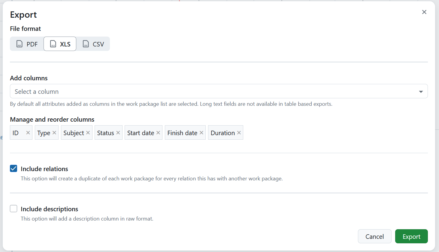 Work package export in Excel form in OpenProject