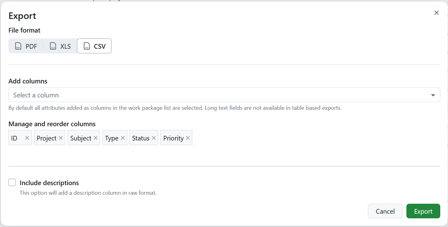 Export work packages in CSV format in OpenProject