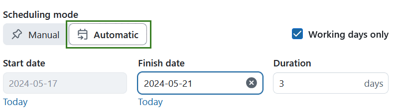 A switch on the date picker allows you to enable automatic scheduling mode in OpenProject