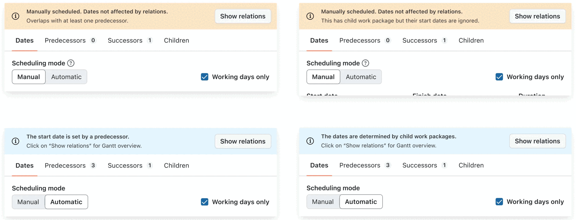 Examples of four possible date picker information banners in OpenProject