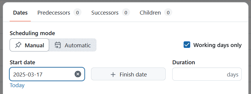A date picker modal for a newly created work package in OpenProject, showing only start date and a button to add a finish date