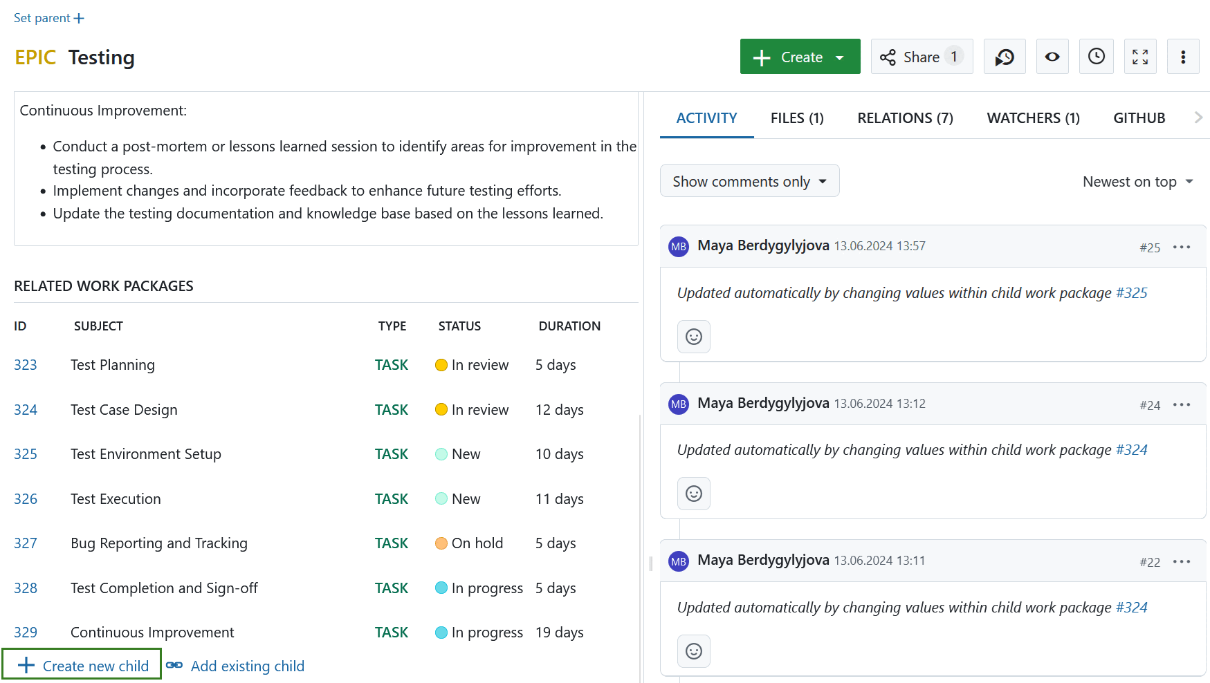 A table of related work packages in OpenProject