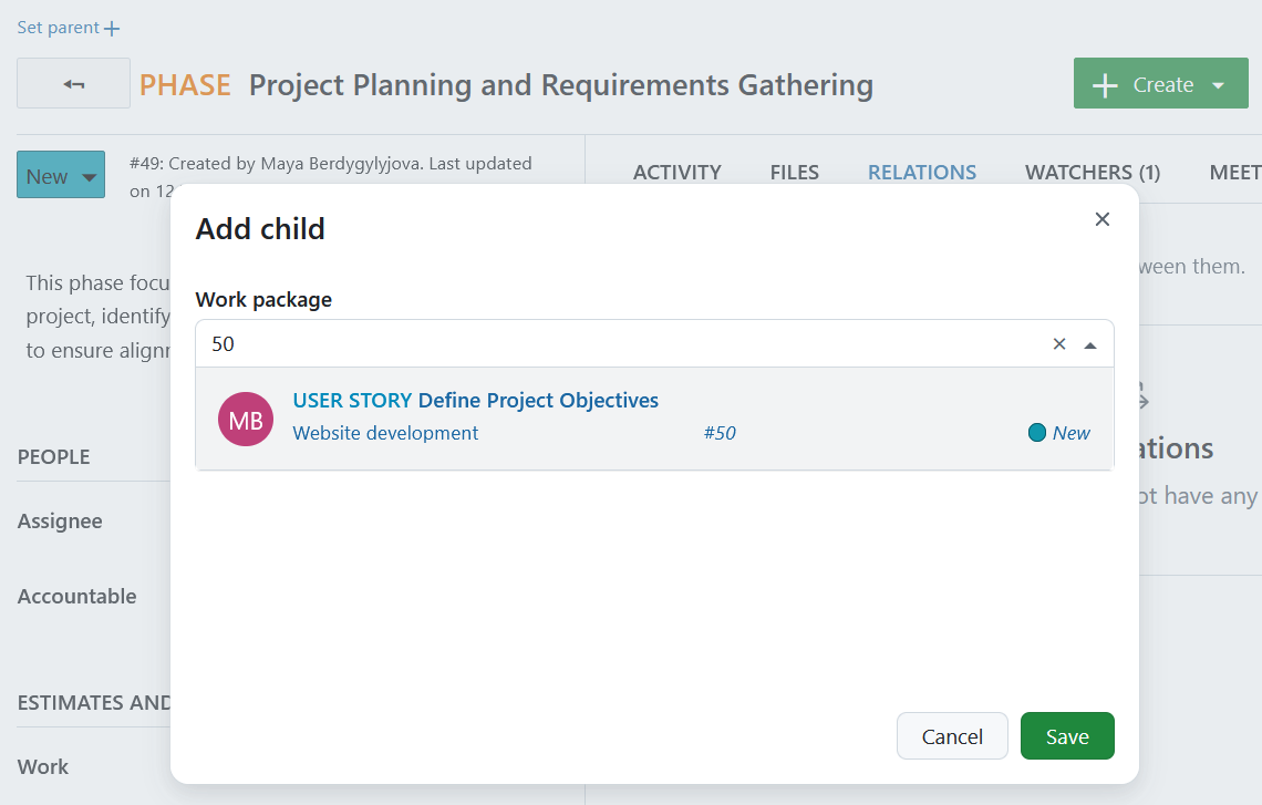 Select a child work package in OpenProject