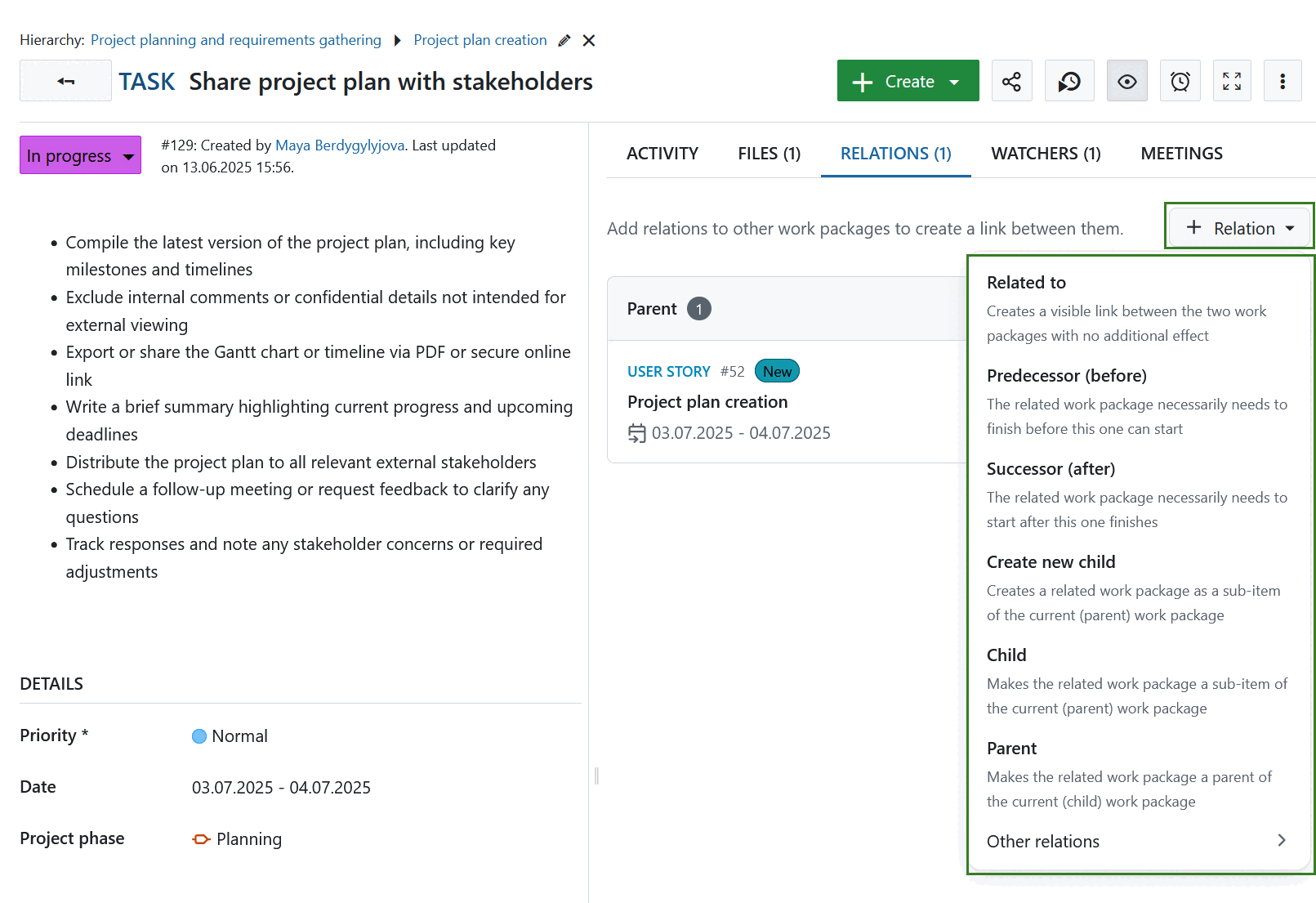 “Add relations” button under Relations tab in an OpenProject work package