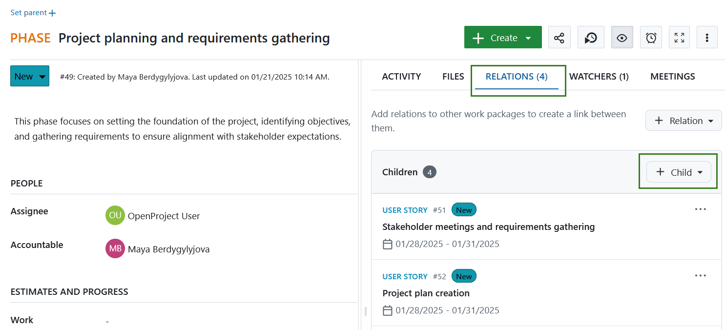 Create child button under work package Relations tab in OpenProject