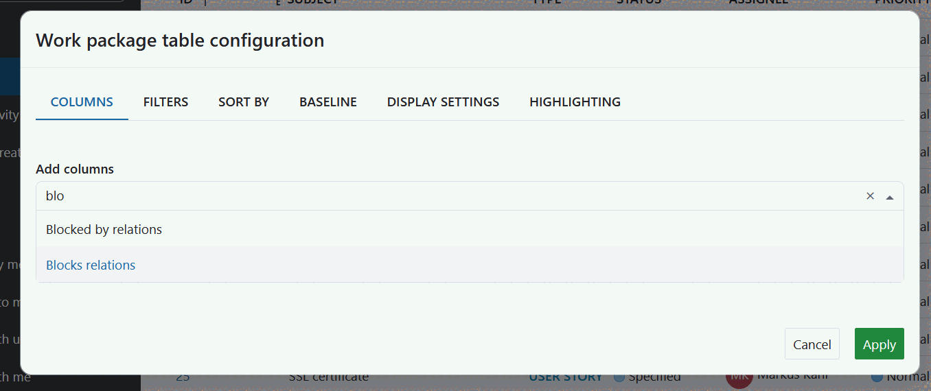 work package add relation as column